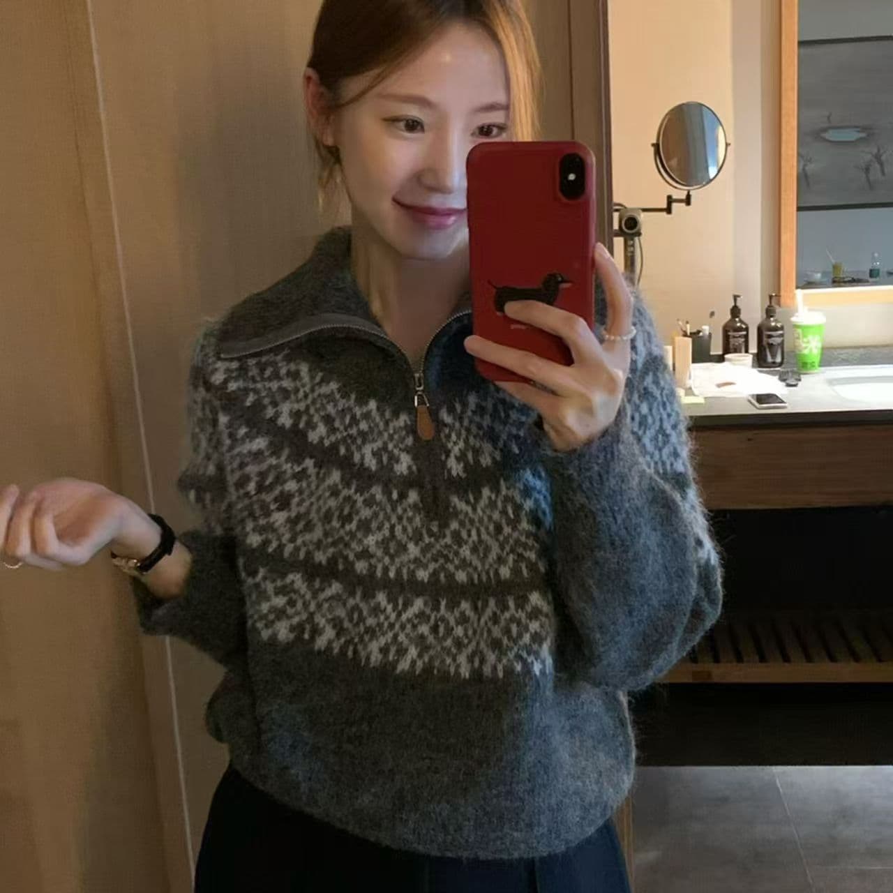 한 부서 레트로 터틀넥 공정한 섬 자카드 폴로 칼라 보온 지퍼 스웨터 오픈 가디건 여성 가을 슬림해 보이는 외출용 상세 이미지 2