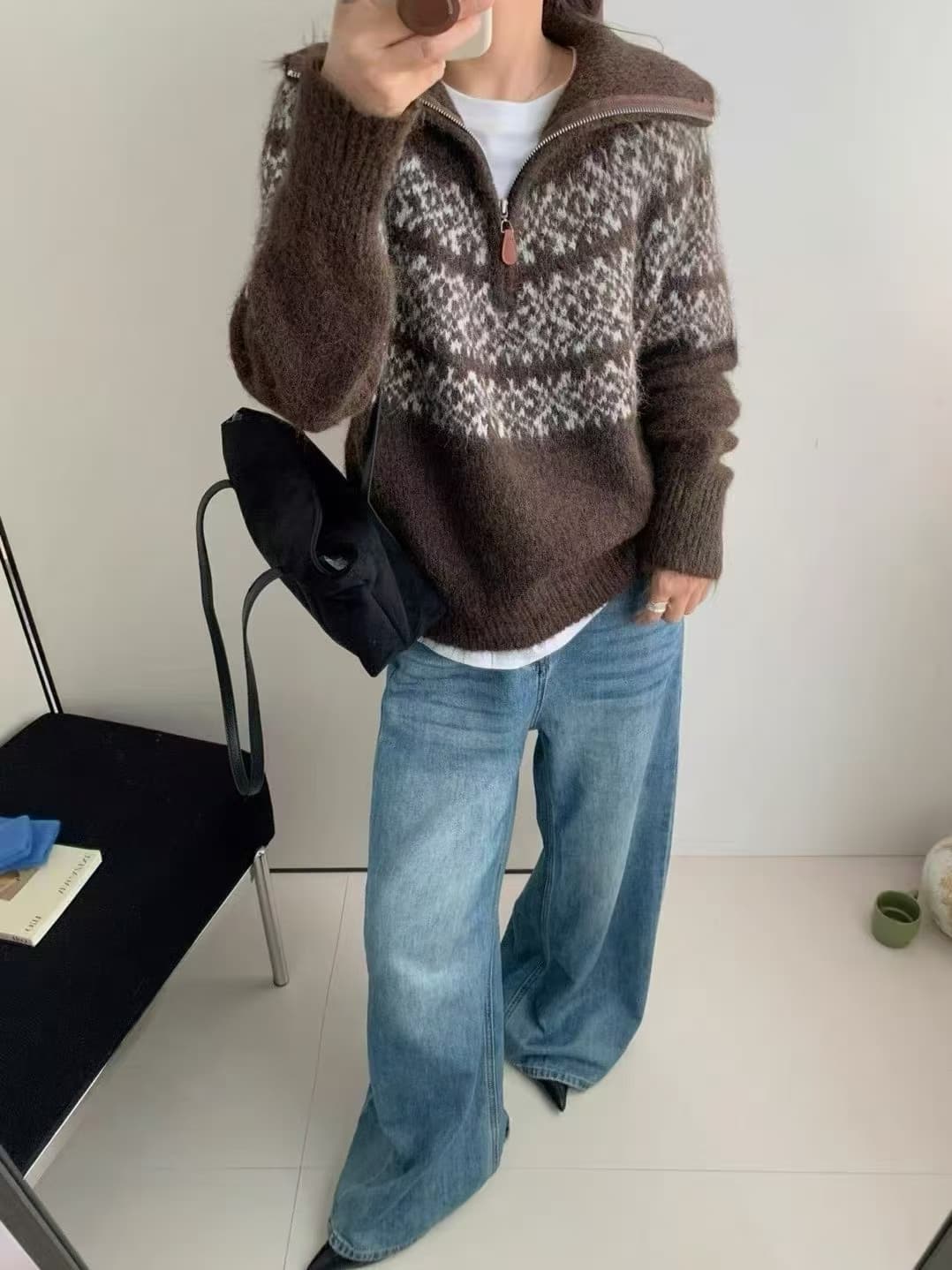 한 부서 레트로 터틀넥 공정한 섬 자카드 폴로 칼라 보온 지퍼 스웨터 오픈 가디건 여성 가을 슬림해 보이는 외출용 상세 이미지 3