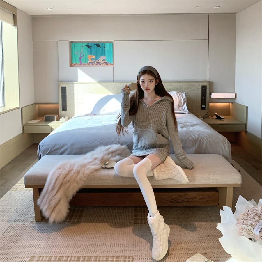 작은 키 한 부서 느긋한 바람 회색 니트 원피스 아이들 가을 겨울 새로운 스웨터 세트 타이트 스커트 투피스 세트 상세 이미지 38