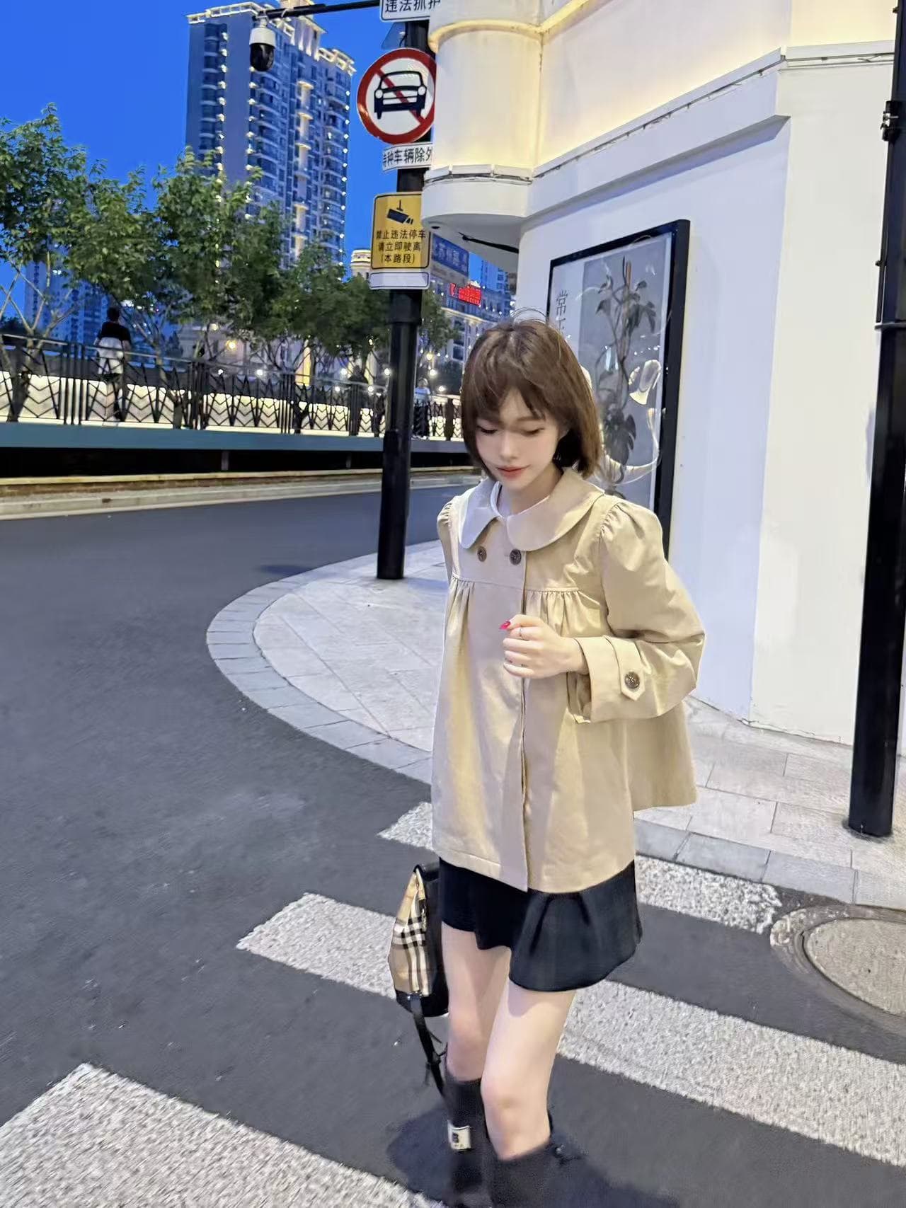 wearkeki 녹색 박공 ~ 중 애니 레트로 카키 색 베이비 칼라 바람막이 여성 코트 한 부서 품격 맨위 상세 이미지 2