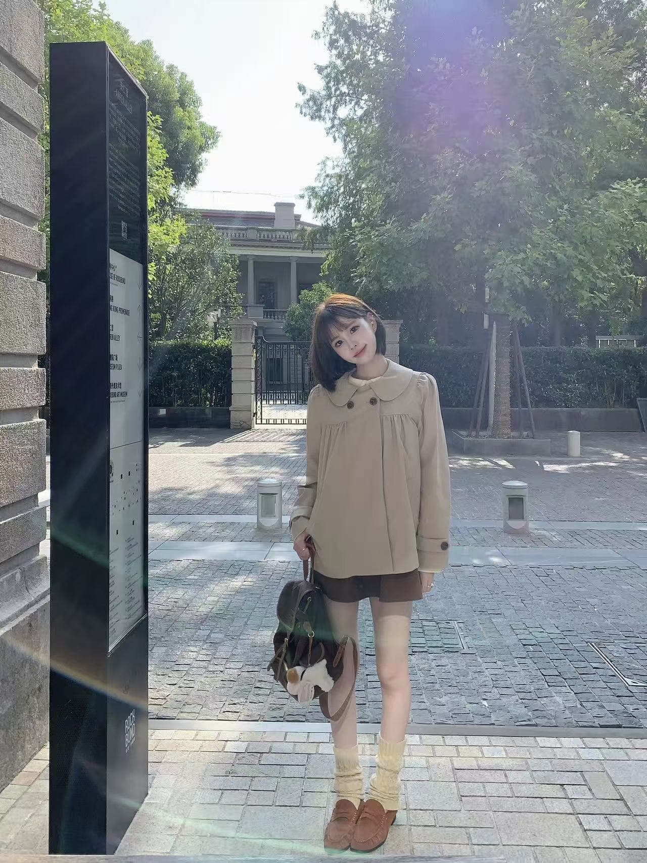 wearkeki 녹색 박공 ~ 중 애니 레트로 카키 색 베이비 칼라 바람막이 여성 코트 한 부서 품격 맨위 상세 이미지 4