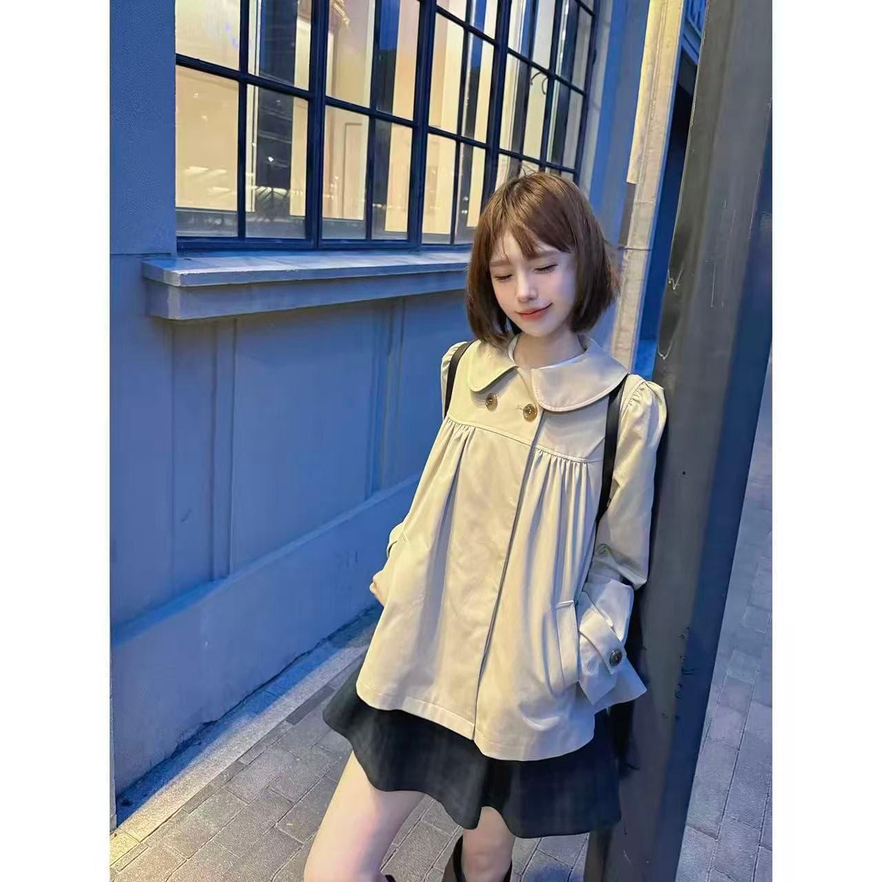 wearkeki 녹색 박공 ~ 중 애니 레트로 카키 색 베이비 칼라 바람막이 여성 코트 한 부서 품격 맨위 상세 이미지 6