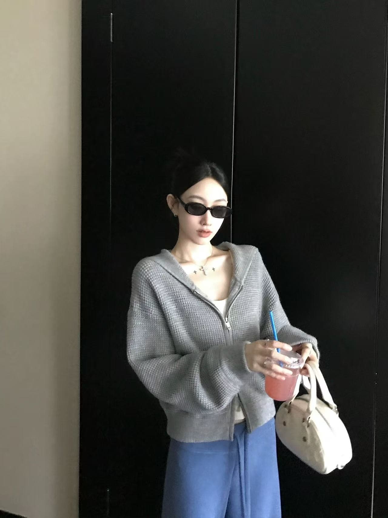 장 베이 베이 ibell 한 부서 루즈핏 슬림해 보이는 3 차원 후아 남편 그리드 후드 오픈 가디건 여성 레저 다용도 양모 재킷 이미지 3