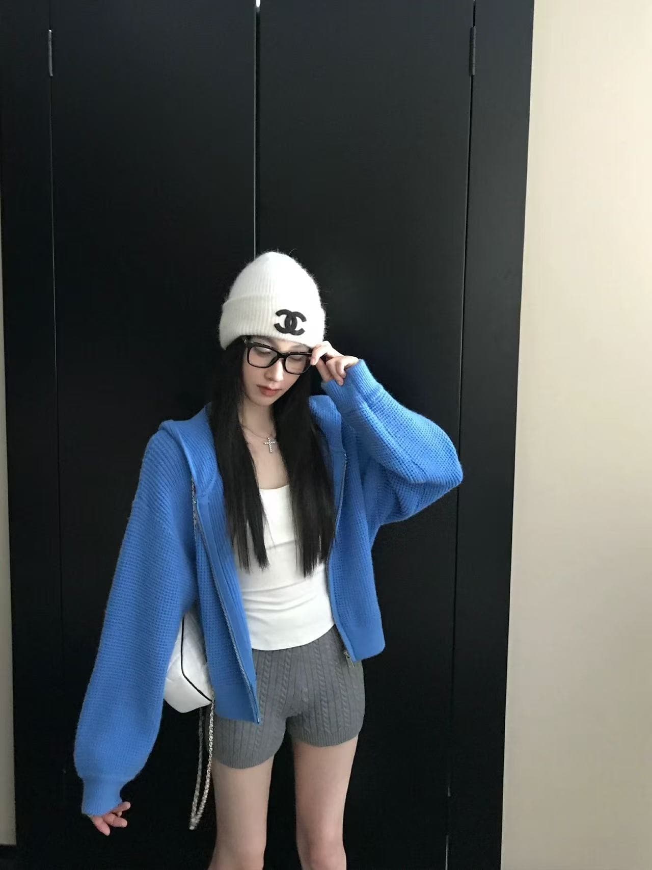 장 베이 베이 ibell 한 부서 루즈핏 슬림해 보이는 3 차원 후아 남편 그리드 후드 오픈 가디건 여성 레저 다용도 양모 재킷 상세 이미지 3