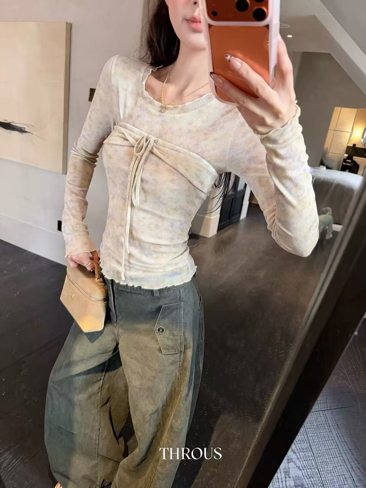 감사합니다. 아니요 고기 프릴 라운드 넥 홀치기 염색 꽃무늬 사실 두 조각 긴팔 티셔츠 여성 가을 캐주얼 슬림해 보이는 패션 맨위 이미지 4