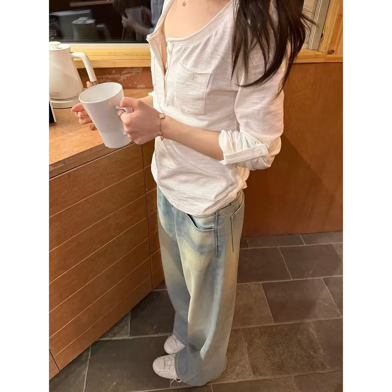 chooouan_ 좋은 착용 아니요 단조로운 대나무 마디 면 헨리 칼라 워크웨어 버클 袢 슬림해 보이는 긴팔 티셔츠 여성 가을 맨위 이미지 3