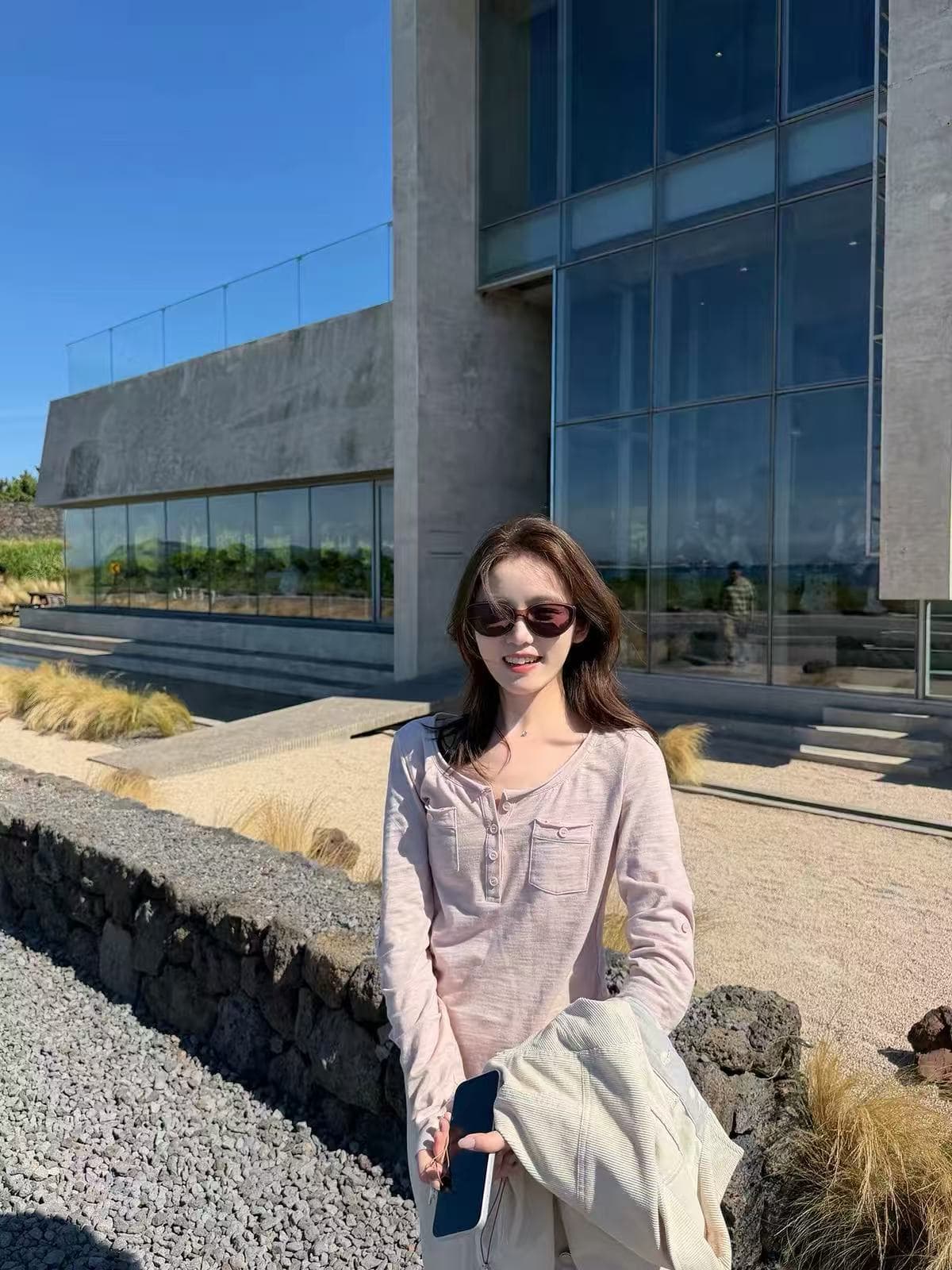 chooouan_ 좋은 착용 아니요 단조로운 대나무 마디 면 헨리 칼라 워크웨어 버클 袢 슬림해 보이는 긴팔 티셔츠 여성 가을 맨위 상세 이미지 2