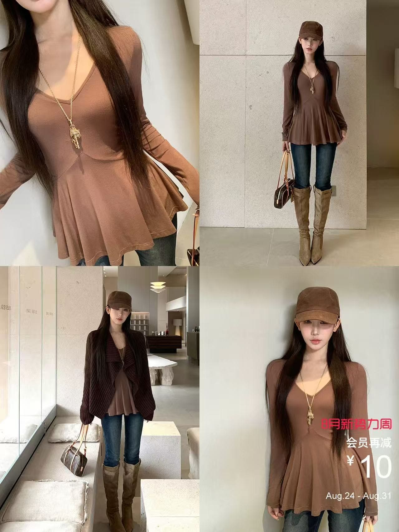 레드 맨 내부에 가져 가라. 기본 셔츠 여성 2026 새로운 가을 긴팔 티셔츠 허리 수축 커피 색상 몸매 가꾸기 디자인 센스 맨위 상세 이미지 1