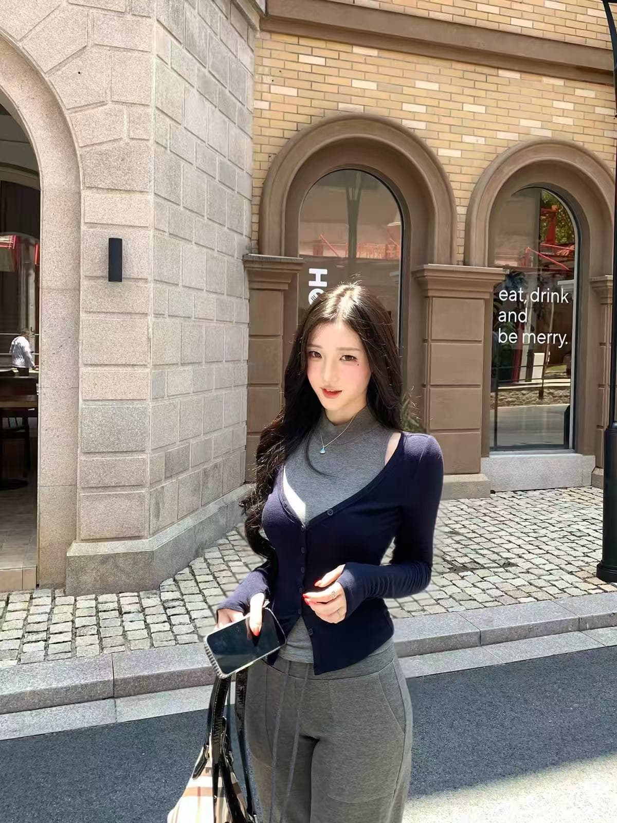 farte shop 서울 유럽 니켈 회색 조끼 V넥 파란색 오픈 가디건 두 조각 여성 세트 봄 가을 맨위