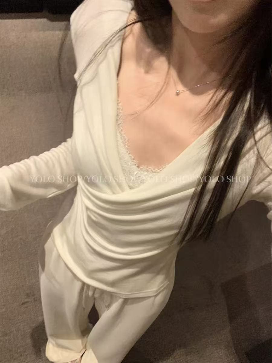 yolo shop 주간 실크 양모 레이스 페이크 레이어드 흔들다 칼라 긴팔 맨위 고급 품격 V넥 인사이드 가져 가라. 만나는