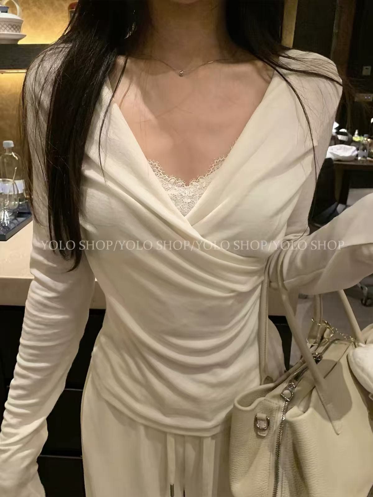 yolo shop 주간 실크 양모 레이스 페이크 레이어드 흔들다 칼라 긴팔 맨위 고급 품격 V넥 인사이드 가져 가라. 만나는 이미지 2