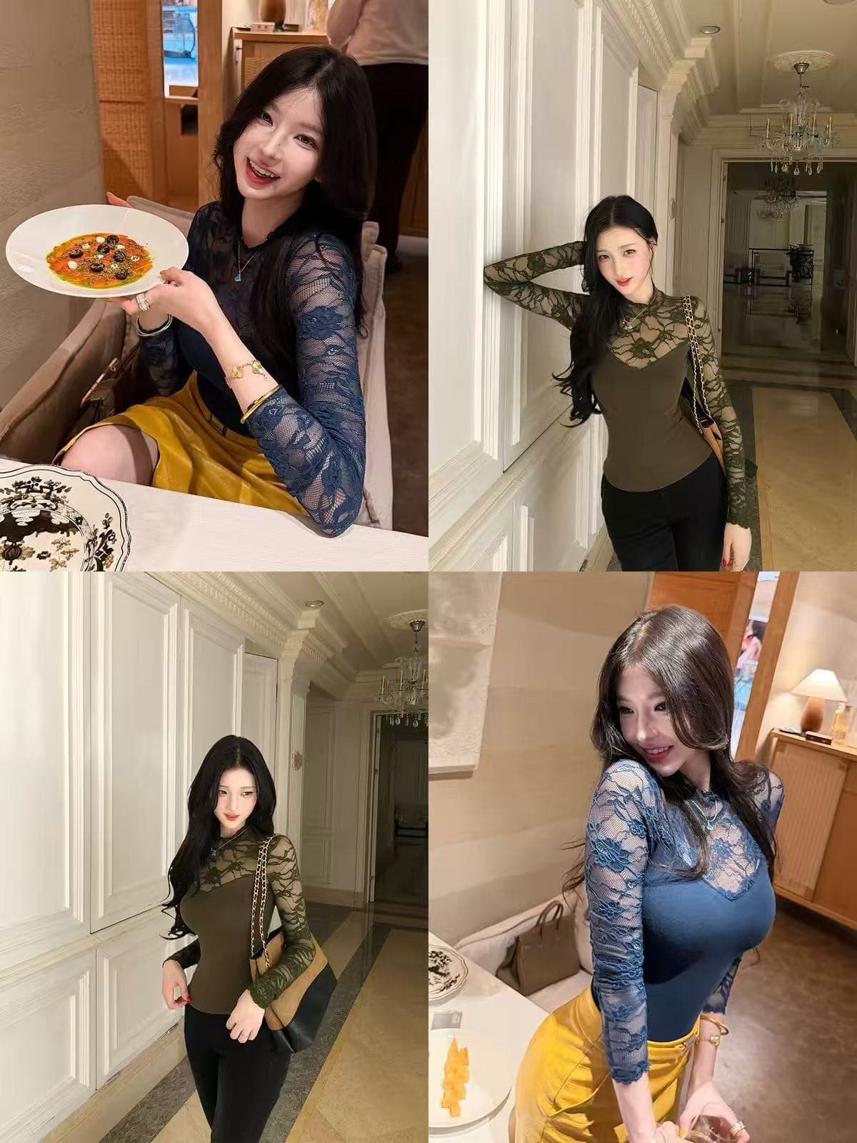 farte shop 반 조리 숨 스탠드 칼라 레이스 조각 홀로우 아웃 쇼트 스타일 티셔츠 여성 봄 가을 허리 수축 맨위 상세 이미지 2