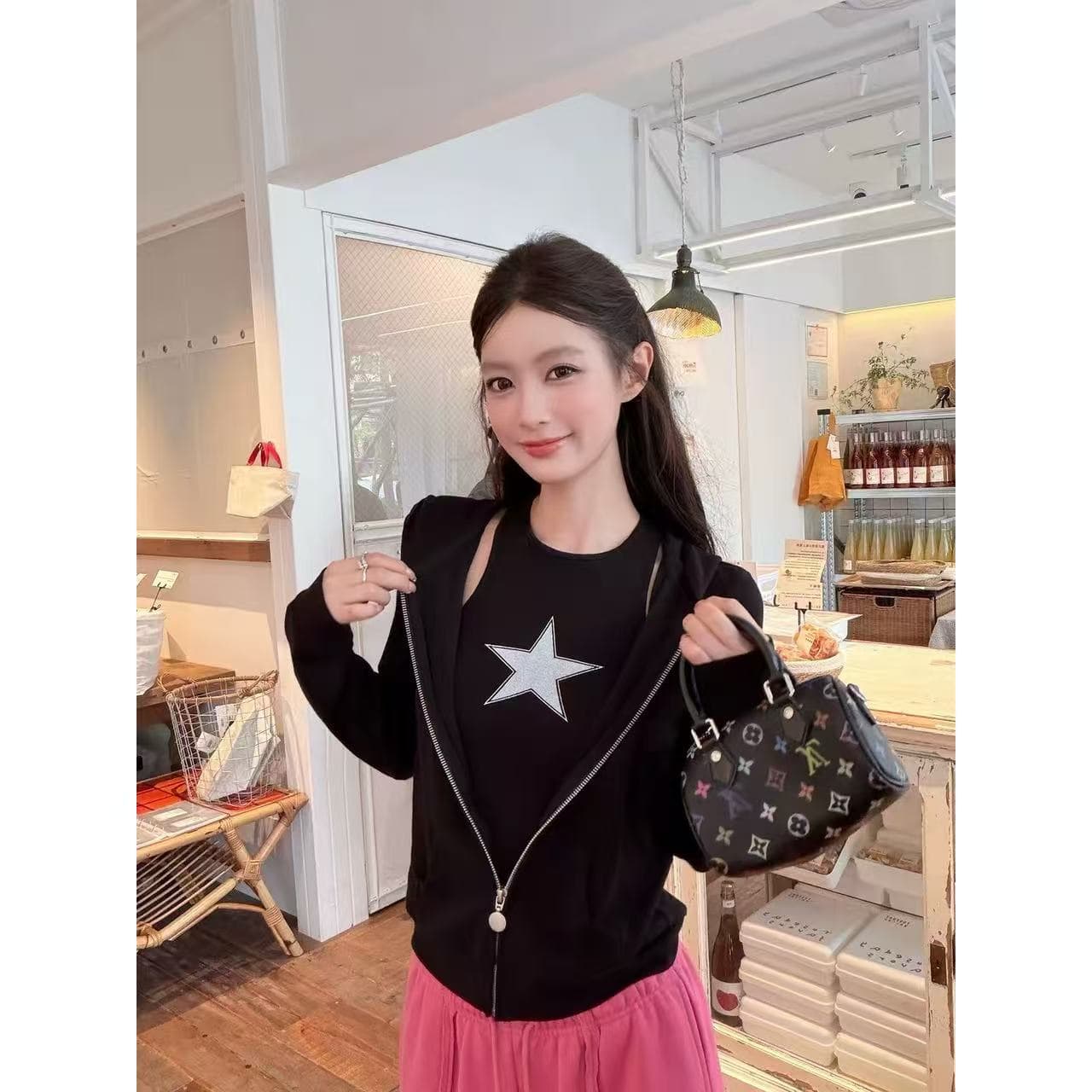 감사합니다. 아니요 고기 후드 루즈핏 지퍼 오픈 가디건 후드티 여성 가을 별 프린트 몸매 가꾸기 좁은 어깨 조끼 세트 이미지 3