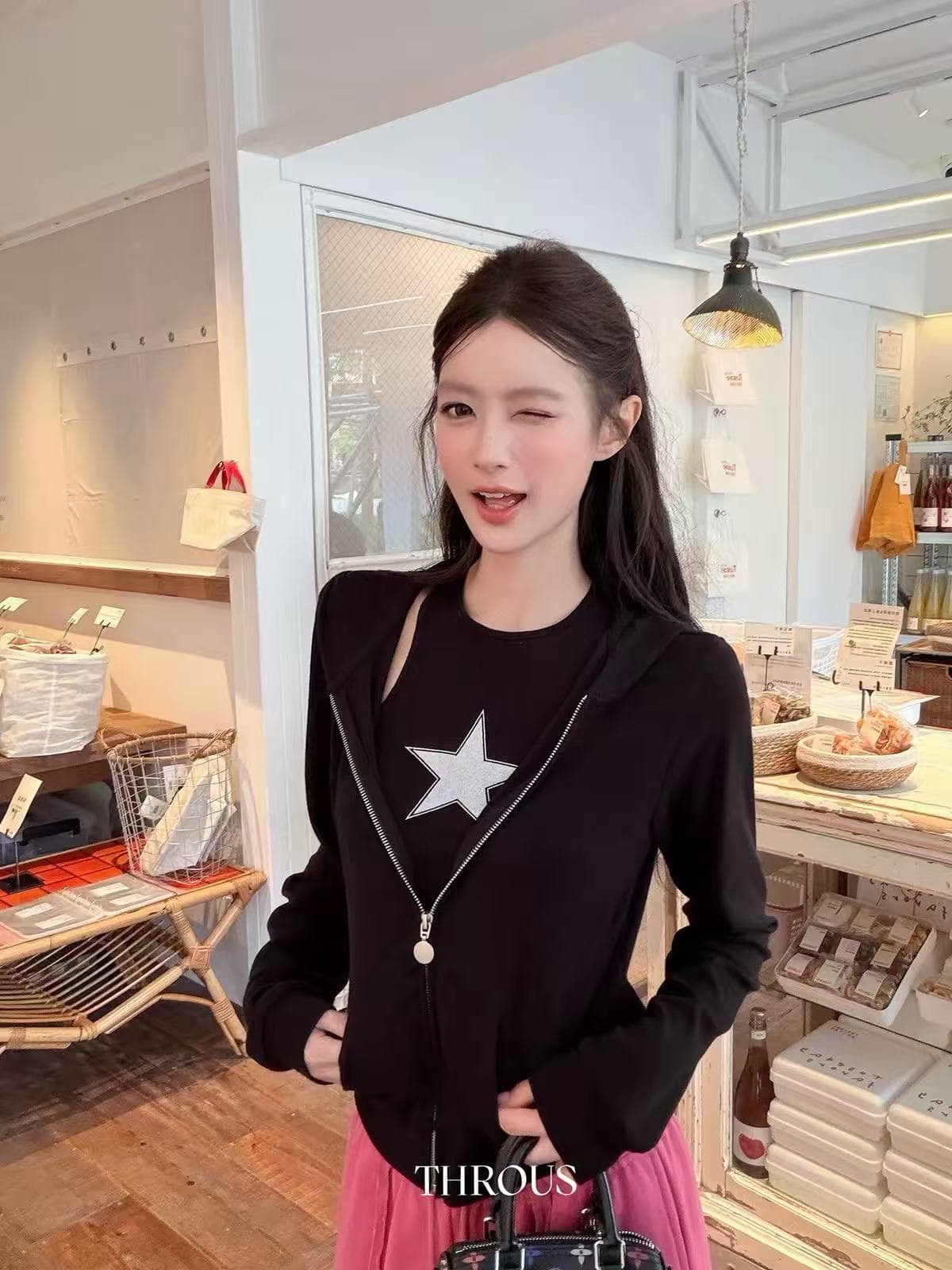 감사합니다. 아니요 고기 후드 루즈핏 지퍼 오픈 가디건 후드티 여성 가을 별 프린트 몸매 가꾸기 좁은 어깨 조끼 세트 상세 이미지 1