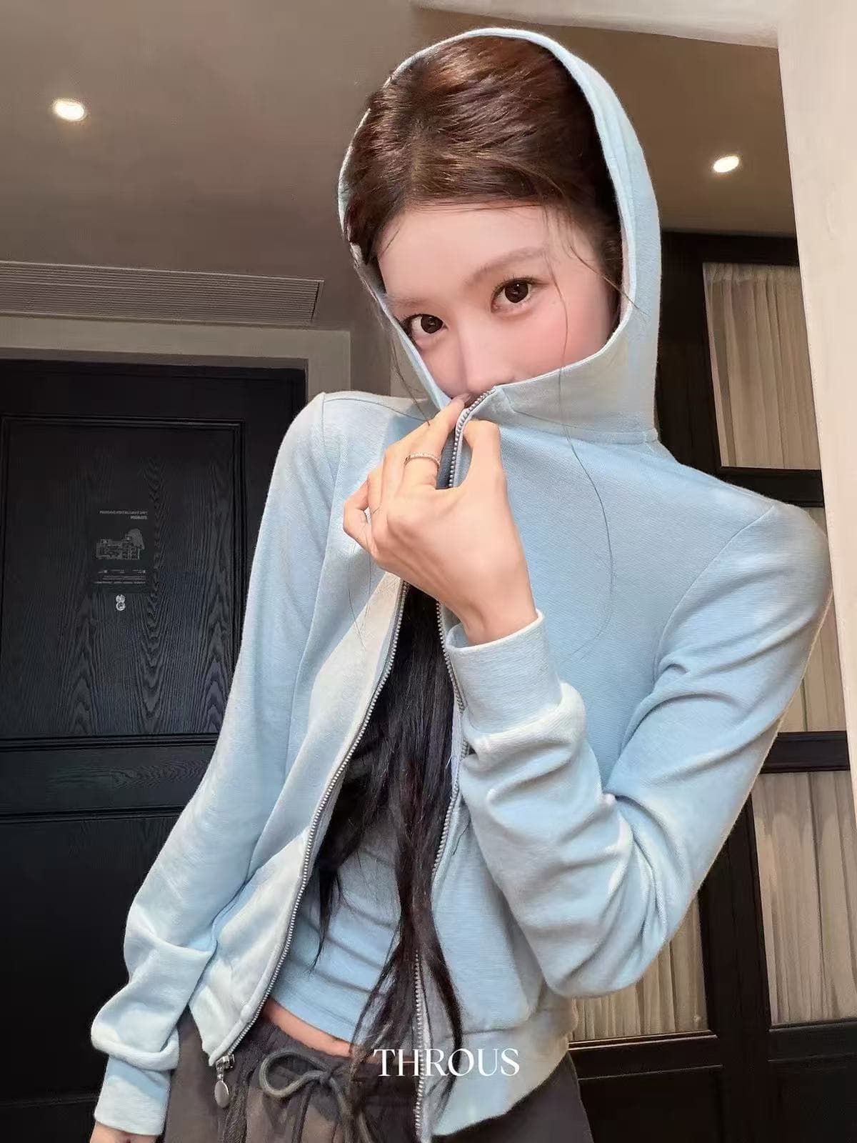 감사합니다. 아니요 고기 후드 루즈핏 지퍼 오픈 가디건 후드티 여성 가을 별 프린트 몸매 가꾸기 좁은 어깨 조끼 세트 상세 이미지 2