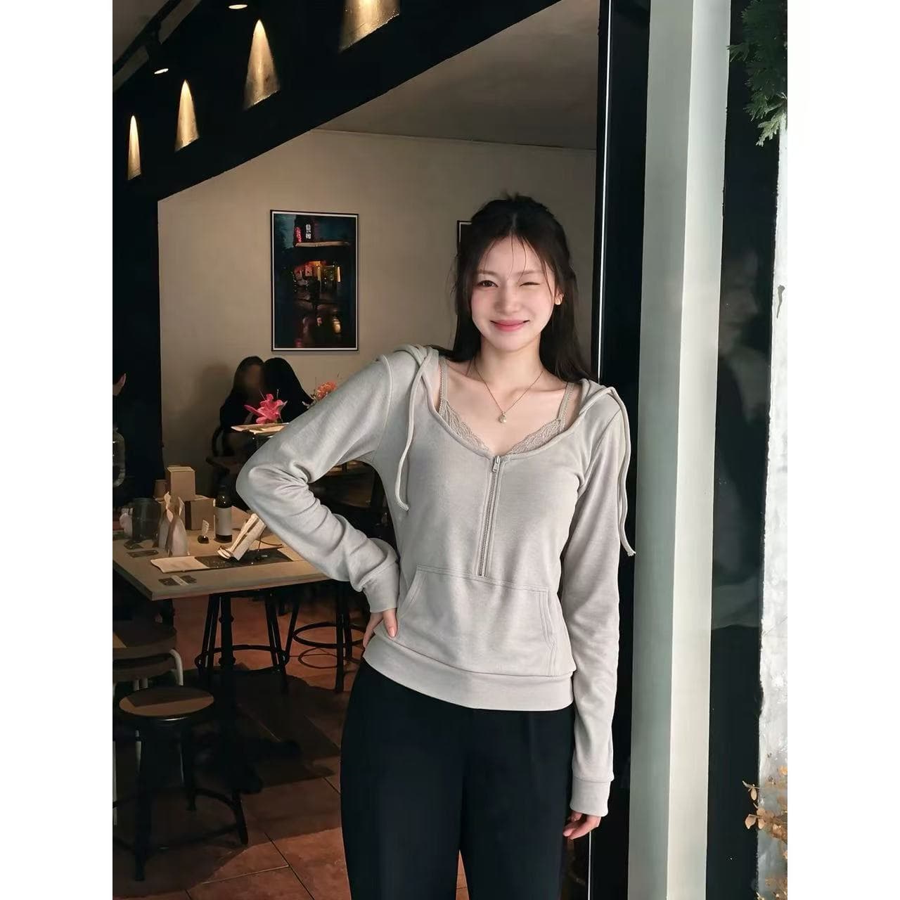 아메리칸 레트로 bm 바람 페이크 레이어드 레이스 조각 후드 티 스웨터 여성 가을 2026 새로운 몸매 가꾸기 긴팔 맨위 이미지 4