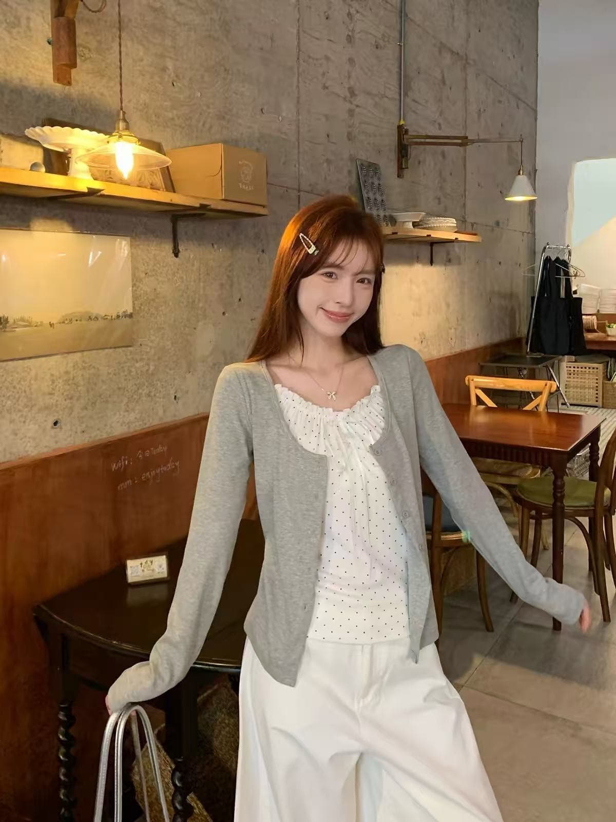 morning bloom 도트 무늬 레이스업 페이크 레이어드 긴팔 티셔츠 여성 가을 새로운 한 부서 착용 가져 가라. 달콤함 맨위 이미지 2