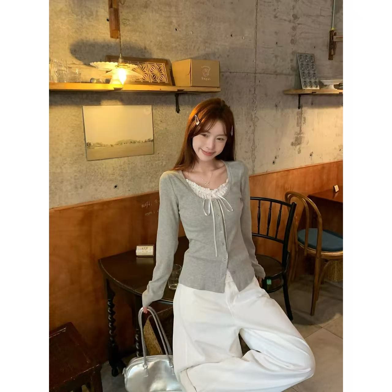 morning bloom 도트 무늬 레이스업 페이크 레이어드 긴팔 티셔츠 여성 가을 새로운 한 부서 착용 가져 가라. 달콤함 맨위