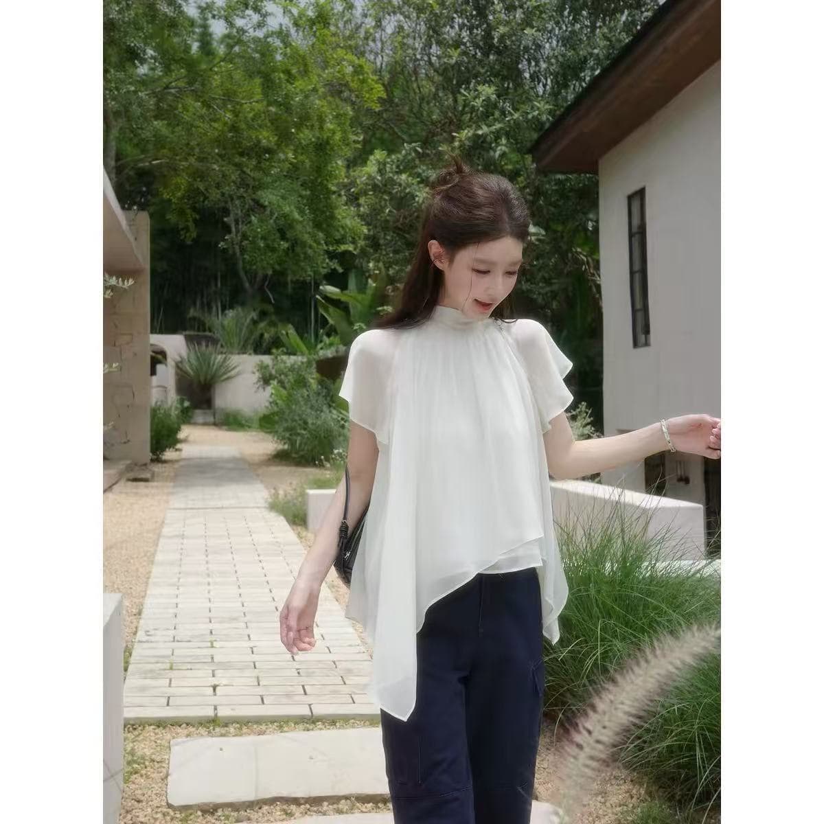 감사합니다. 아니요 고기 하프 가오 리 칼라 프릴 작은 날다 소매 시폰 셔츠 여성 여름 부드러운 연령 감소 불규칙 루즈핏 맨위
