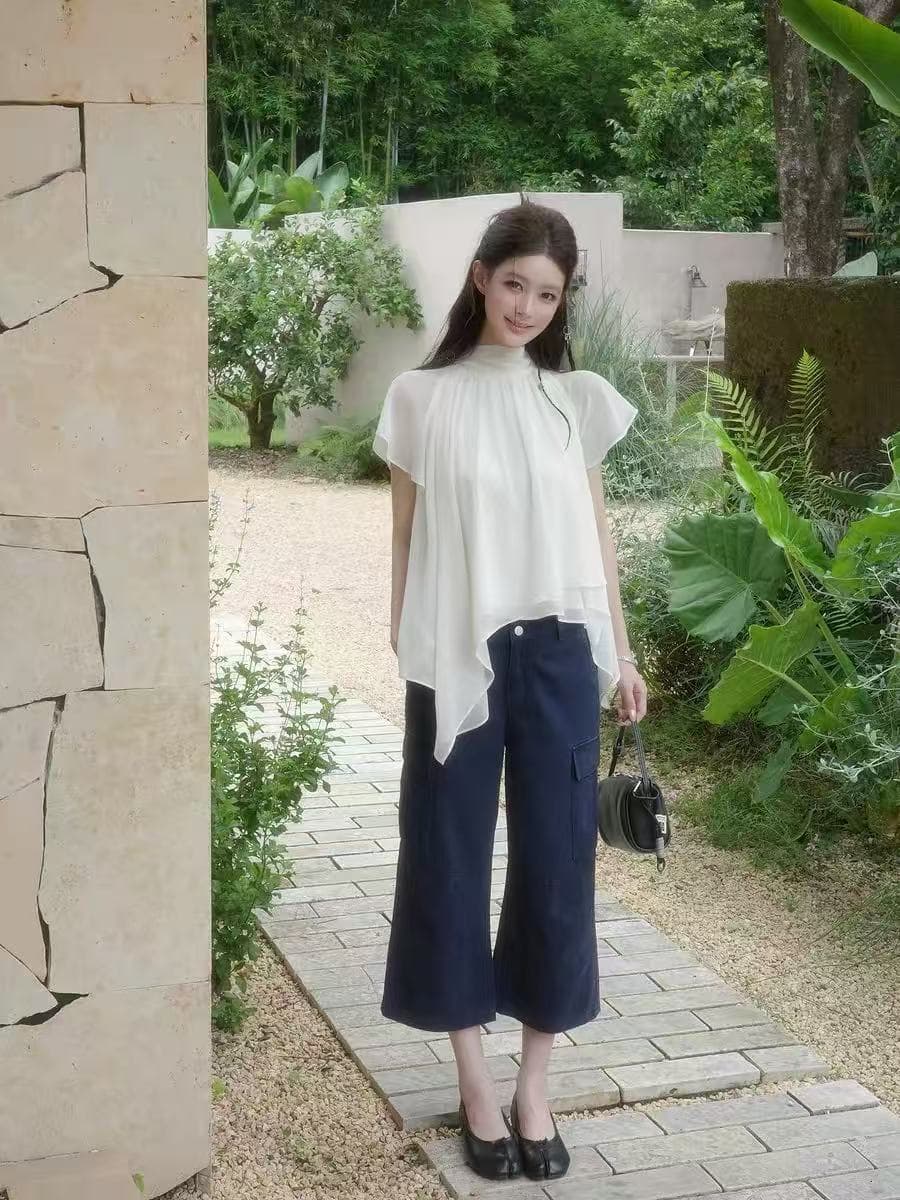 감사합니다. 아니요 고기 하프 가오 리 칼라 프릴 작은 날다 소매 시폰 셔츠 여성 여름 부드러운 연령 감소 불규칙 루즈핏 맨위 상세 이미지 3