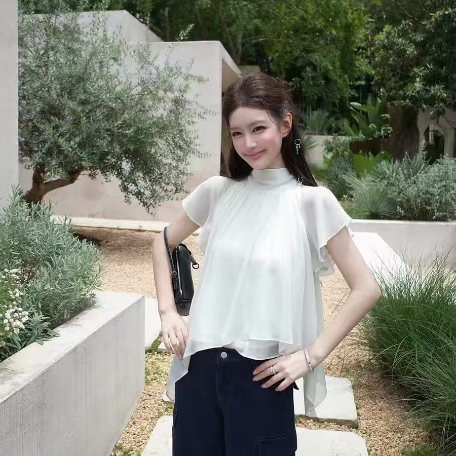 감사합니다. 아니요 고기 하프 가오 리 칼라 프릴 작은 날다 소매 시폰 셔츠 여성 여름 부드러운 연령 감소 불규칙 루즈핏 맨위 상세 이미지 4