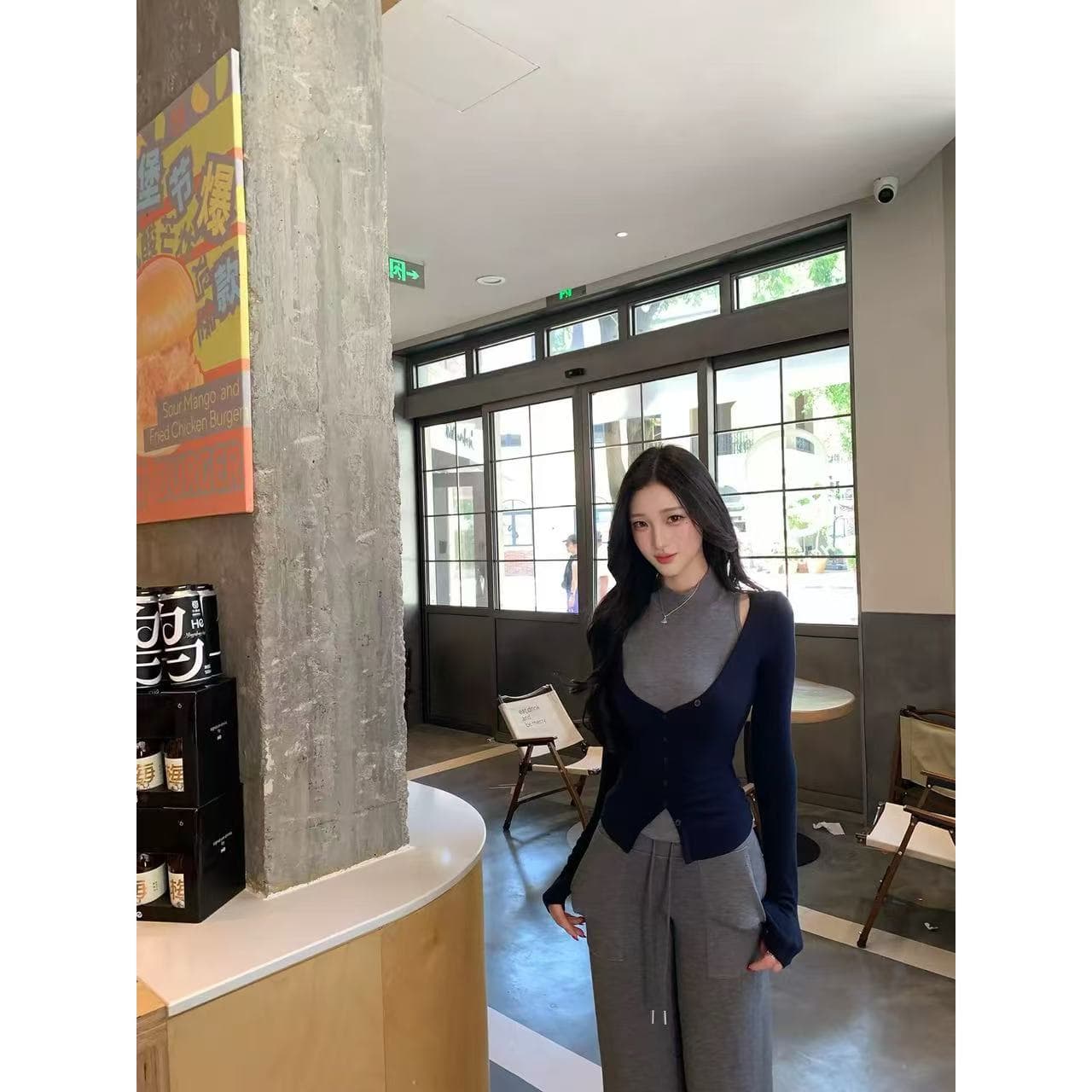 farte shop 서울 유럽 니켈 회색 조끼 V넥 파란색 오픈 가디건 두 조각 여성 세트 봄 가을 맨위 상세 이미지 2