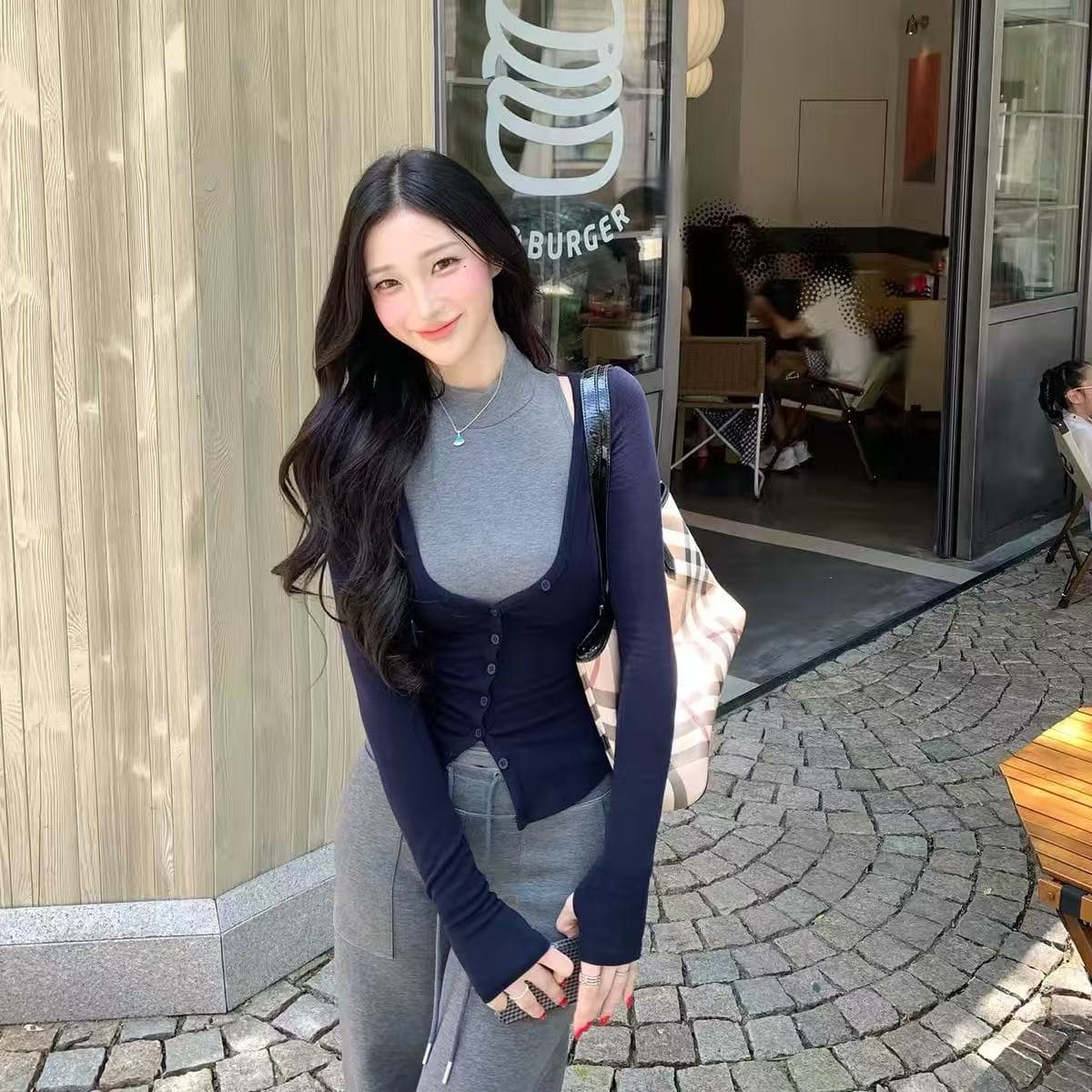 farte shop 서울 유럽 니켈 회색 조끼 V넥 파란색 오픈 가디건 두 조각 여성 세트 봄 가을 맨위 상세 이미지 5