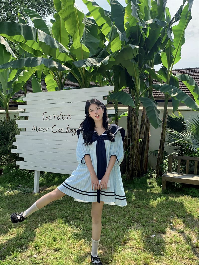 실사 새로운 한 부서 달콤함 연령 감소 해군 칼라 3 차원 나비 매듭 루즈핏 드레스 이미지 5