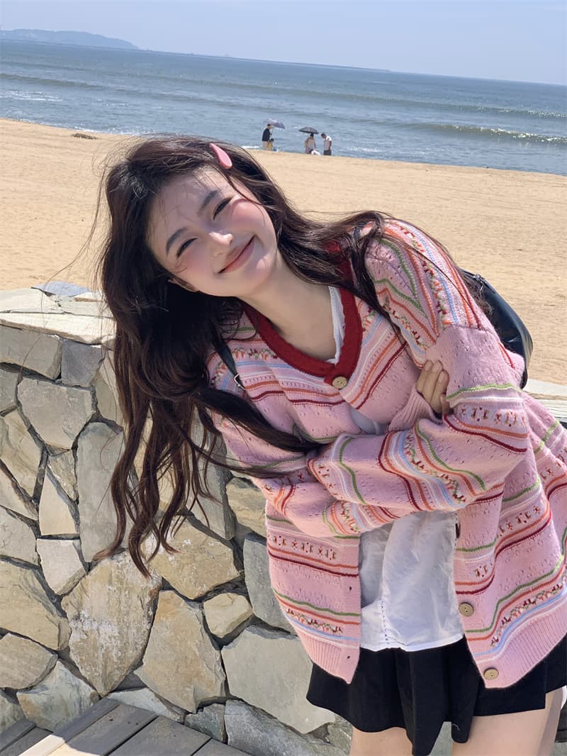 실사 새로운 한 부서 달콤함 연령 감소 무거운 작업 자카드 홀로우 아웃 오픈 가디건 니트 스웨터 코트 이미지 2