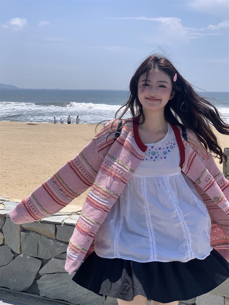 실사 새로운 한 부서 달콤함 연령 감소 무거운 작업 자카드 홀로우 아웃 오픈 가디건 니트 스웨터 코트 이미지 3