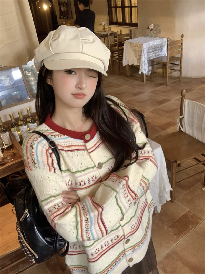 실사 새로운 한 부서 달콤함 연령 감소 무거운 작업 자카드 홀로우 아웃 오픈 가디건 니트 스웨터 코트 이미지 4