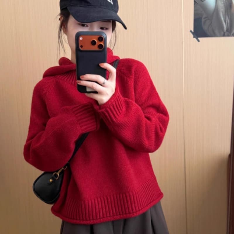 느긋한 바람 후드 두꺼운 긴팔 스웨터 여자 겨울 새로운 디자인 센스 와이드 부드러운 찹쌀 빨간색 니트 맨위 트렌디 이미지 5