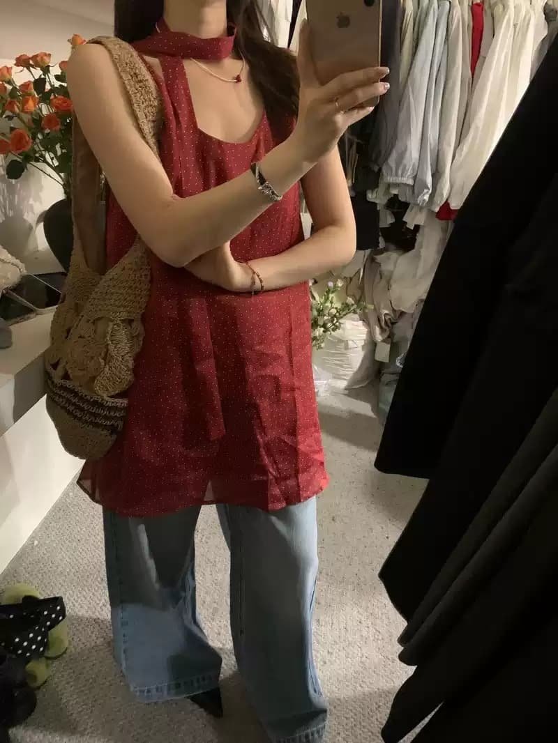 한 부서 u 칼라 행침 목 레이스업 도트 무늬 조끼 스커트 여성 여름 작은 키 민소매 라미 조금 품격 연령 감소 맨위 상세 이미지 9
