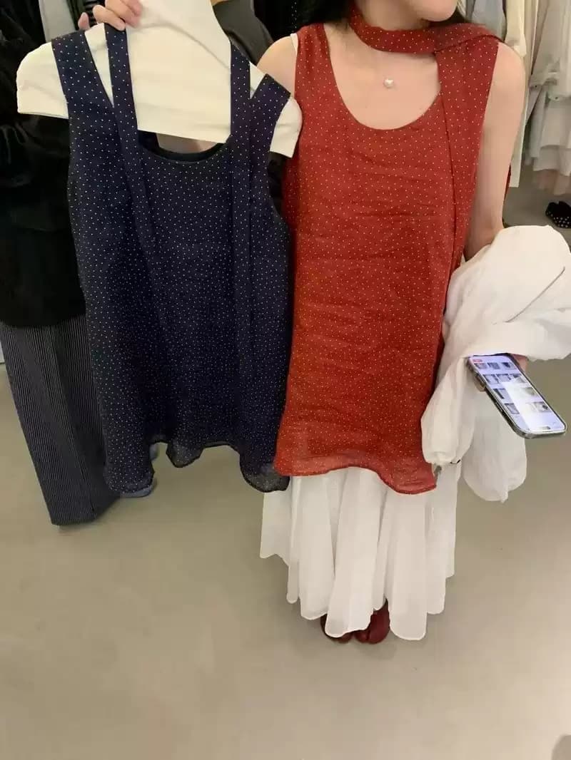 한 부서 u 칼라 행침 목 레이스업 도트 무늬 조끼 스커트 여성 여름 작은 키 민소매 라미 조금 품격 연령 감소 맨위 상세 이미지 13