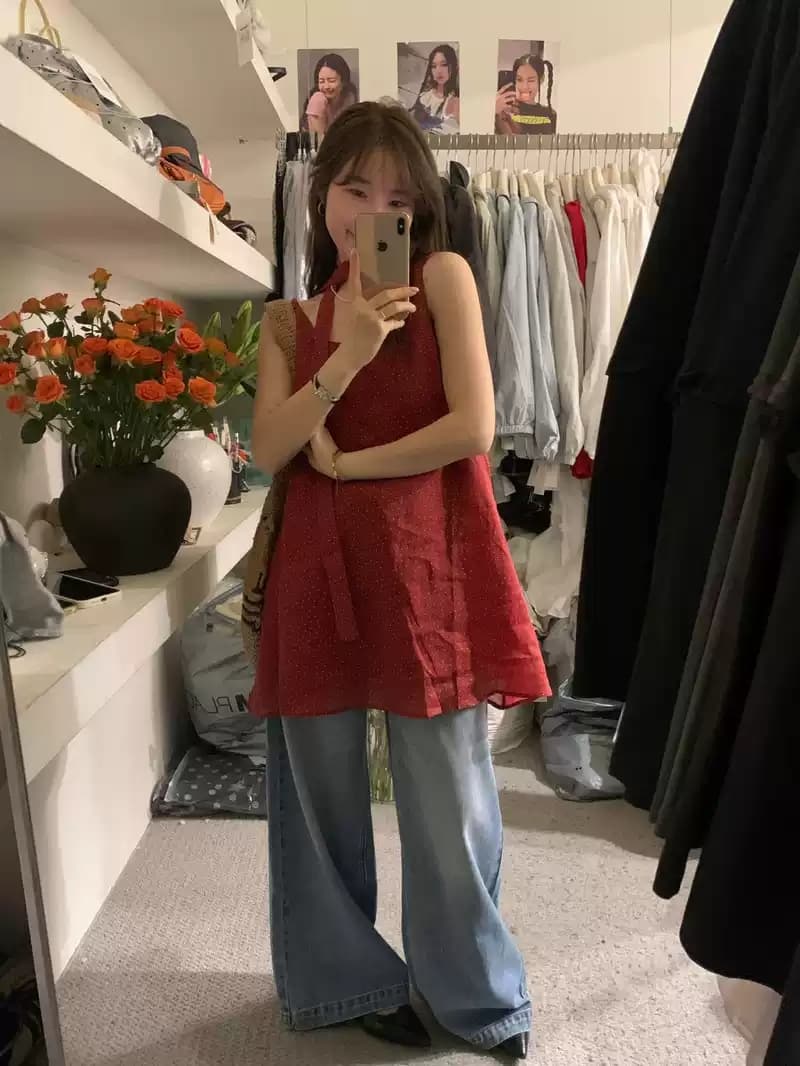 한 부서 u 칼라 행침 목 레이스업 도트 무늬 조끼 스커트 여성 여름 작은 키 민소매 라미 조금 품격 연령 감소 맨위 상세 이미지 15