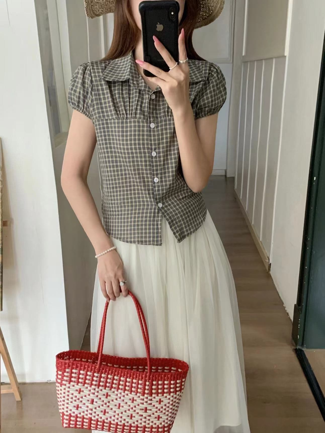 한 부서 레트로 파란색 체크무늬 거품 소매 셔츠 여름 새로운 루즈핏 외국 가스 슬림해 보이는 폴로 칼라 반팔 맨위 여성 이미지 2