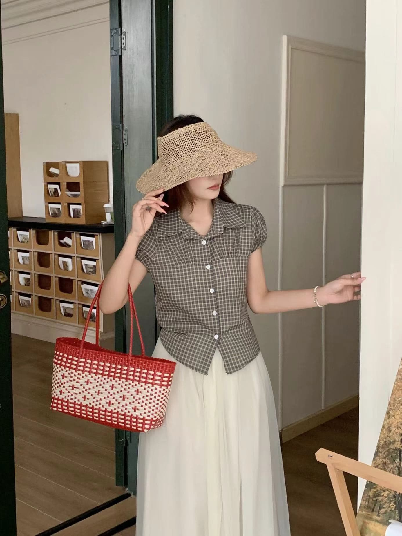 한국 chic 여름 미니멀리즘 아메리칸 체크무늬 폴로 칼라 반팔 여성 셔츠 핫걸 맨위 몸매 가꾸기 슬림해 보이는 기본 셔츠 상세 이미지 4