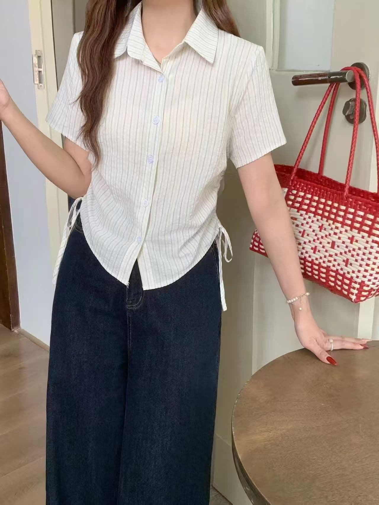 달콤한 스타일 프랑스식 파란색 POLO 칼라 스트라이프 반팔 여성 셔츠 여름 작은 대중 디자인 센스 펌프 로프 품격 맨위 이미지 4