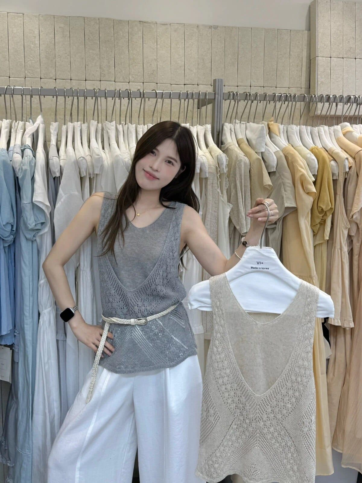 레트로 자카드 홀로우 아웃 V넥 니트 조끼 페이크 레이어드 여성 여름 품격 고유 한 휴가 오래된 돈 바람 민소매 맨위 상세 이미지 3