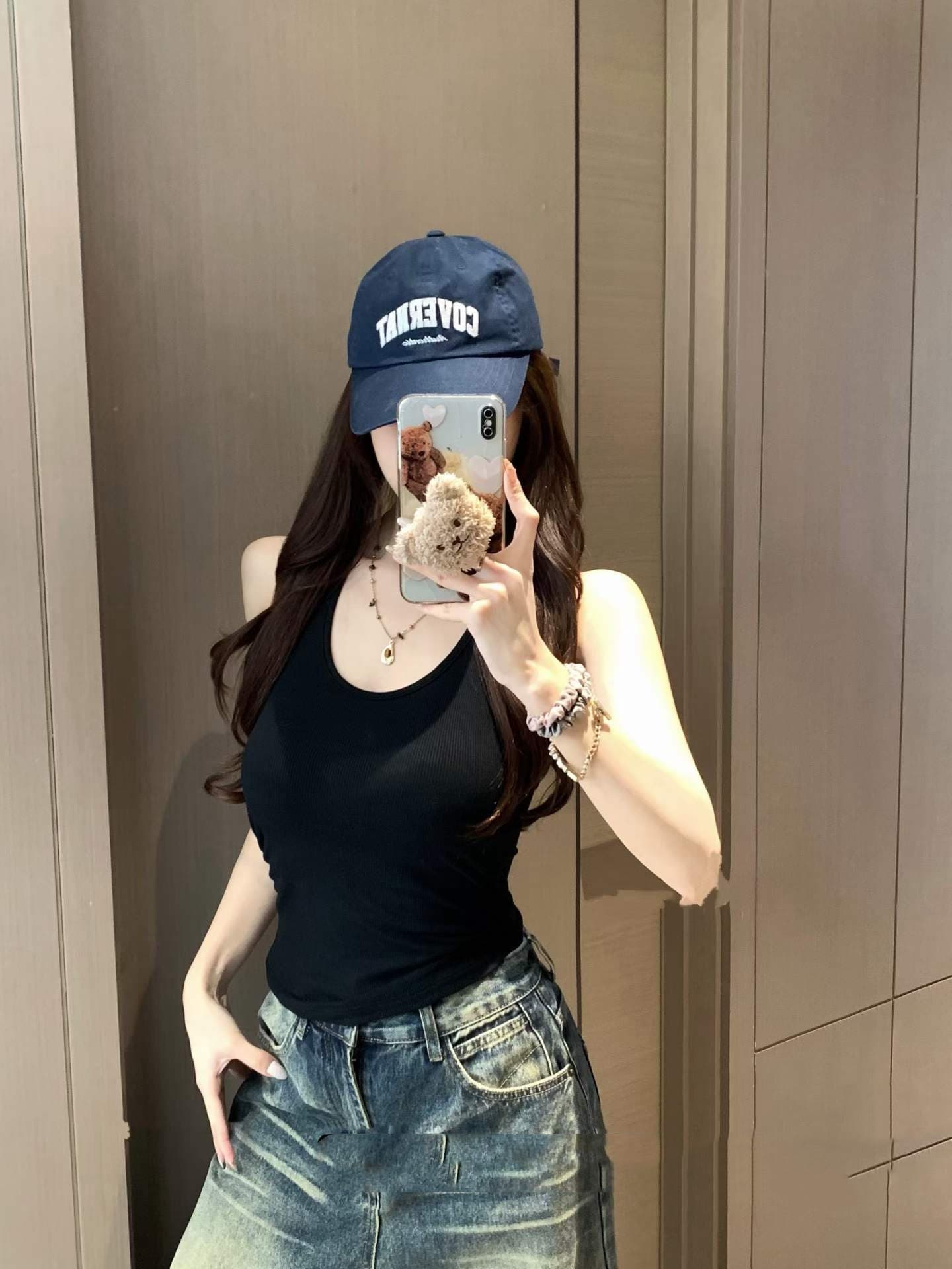 아메리칸 핫걸 백리스 u 칼라 단어 캐미솔 여름 민소매 외출용 벨트 가슴 패드 검정색 만나는 맨위 상세 이미지 5