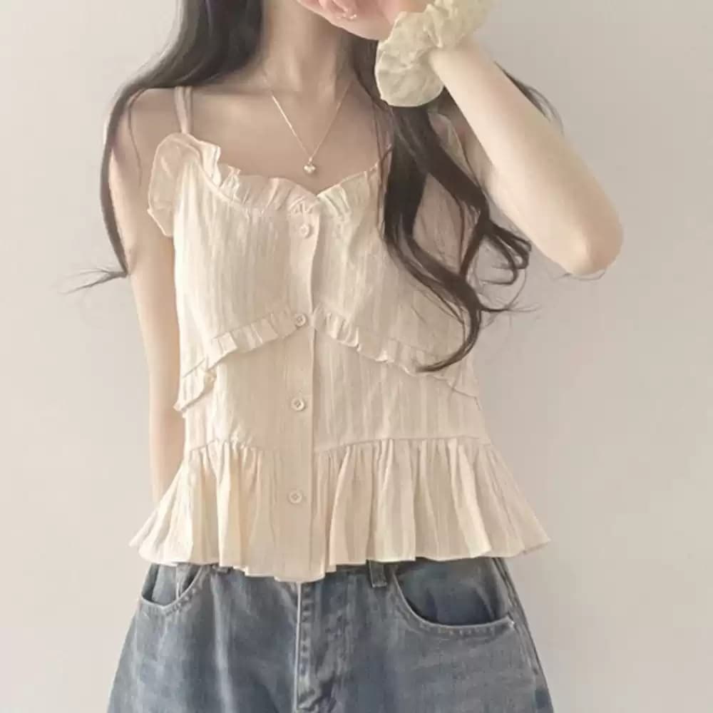 작은 청신 품격 슬립 셔츠 여성 의류 한국 레트로 주름 질감 부서 버클 레이스 디자인 센스 인사이드 잡아라. 의류 이미지 2