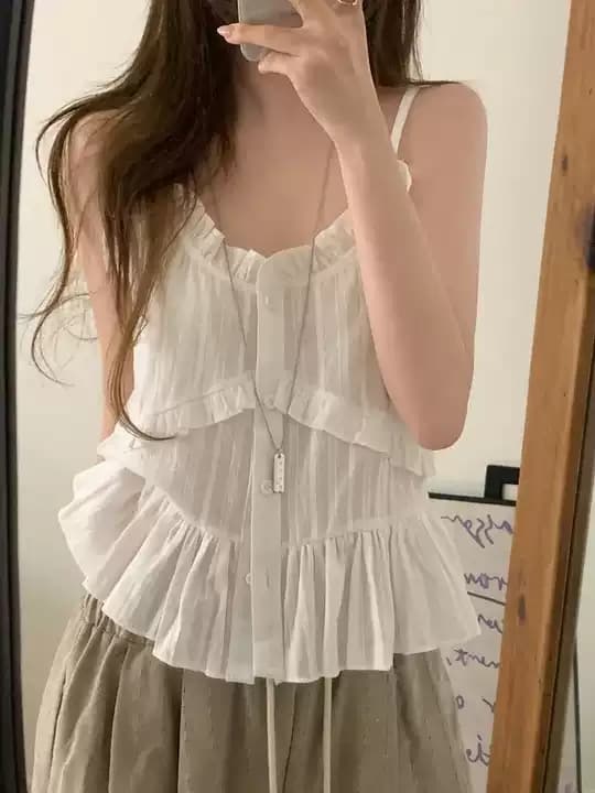 작은 청신 품격 슬립 셔츠 여성 의류 한국 레트로 주름 질감 부서 버클 레이스 디자인 센스 인사이드 잡아라. 의류 상세 이미지 7