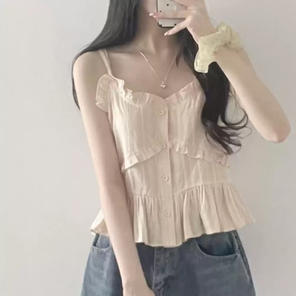 작은 청신 품격 슬립 셔츠 여성 의류 한국 레트로 주름 질감 부서 버클 레이스 디자인 센스 인사이드 잡아라. 의류 상세 이미지 8