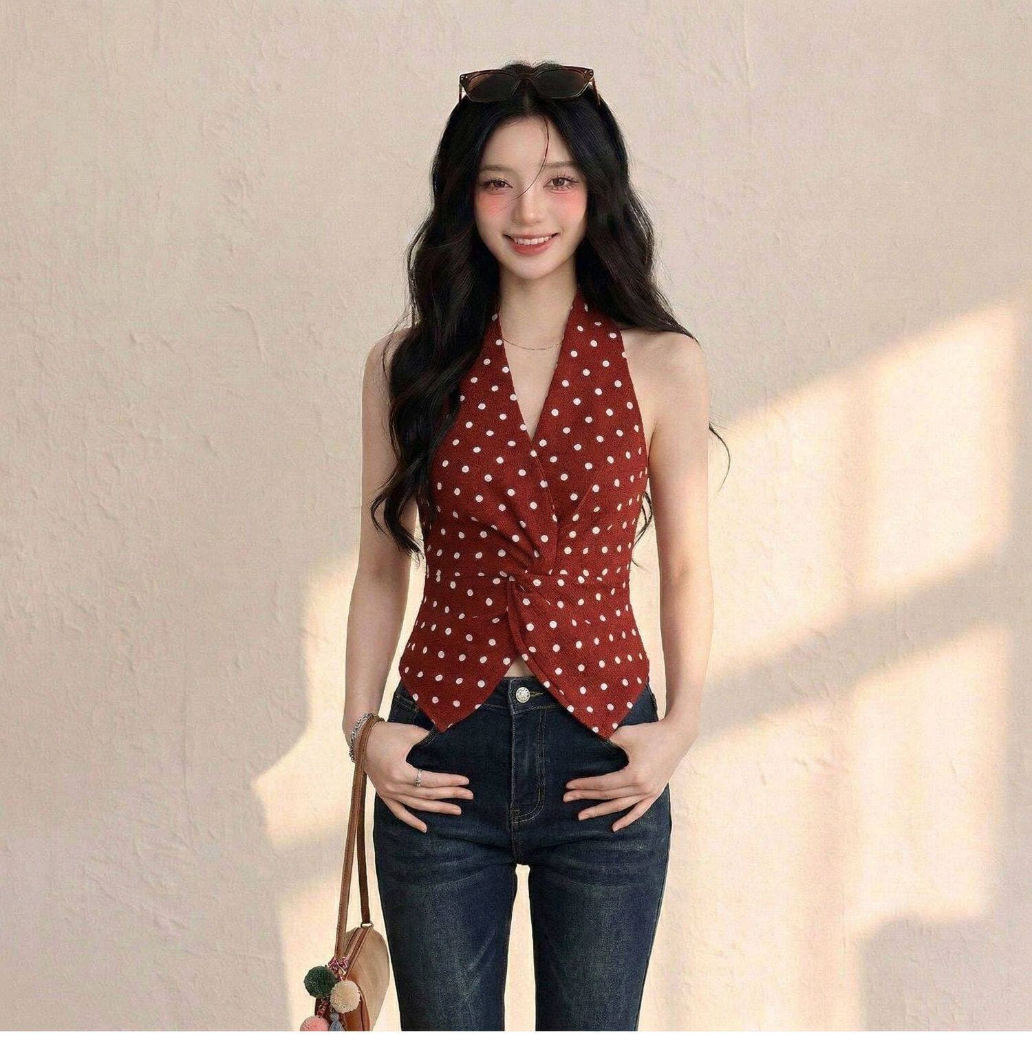 프랑스식 레트로 비틀림 십자가 V넥 다용도 품격 도트 무늬 조끼 여성 26 여름 섹션 연령 감소 풀오버 슬림해 보이는 맨위 상세 이미지 3
