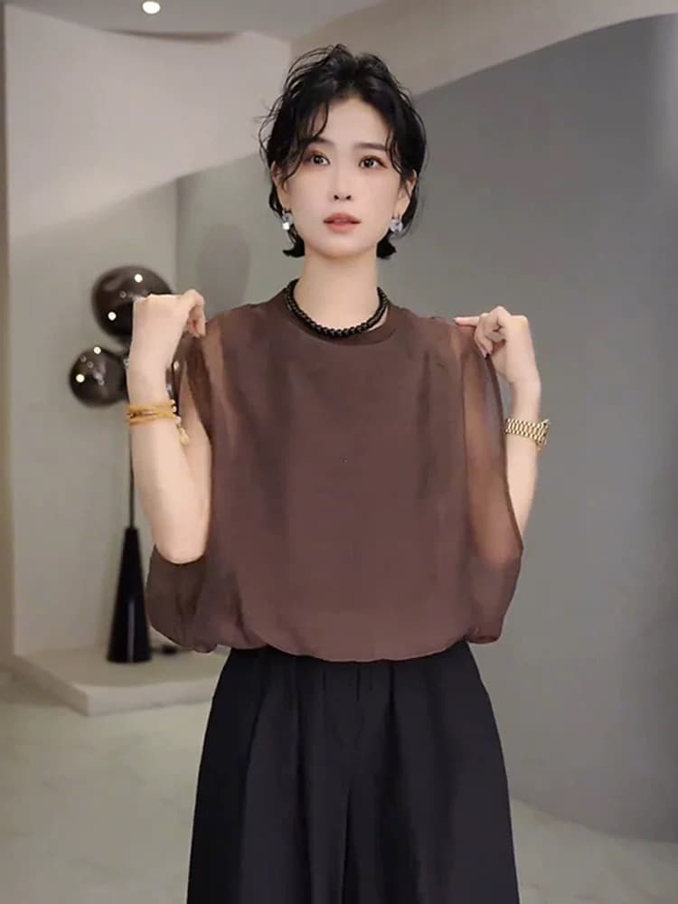 새로운 프랑스식 미니멀리즘 캐주얼 민소매 셔츠 맨위 여성 의류 여름 루즈핏 반팔 아름다운 아름다운 작은 대중 셔츠 이미지 3