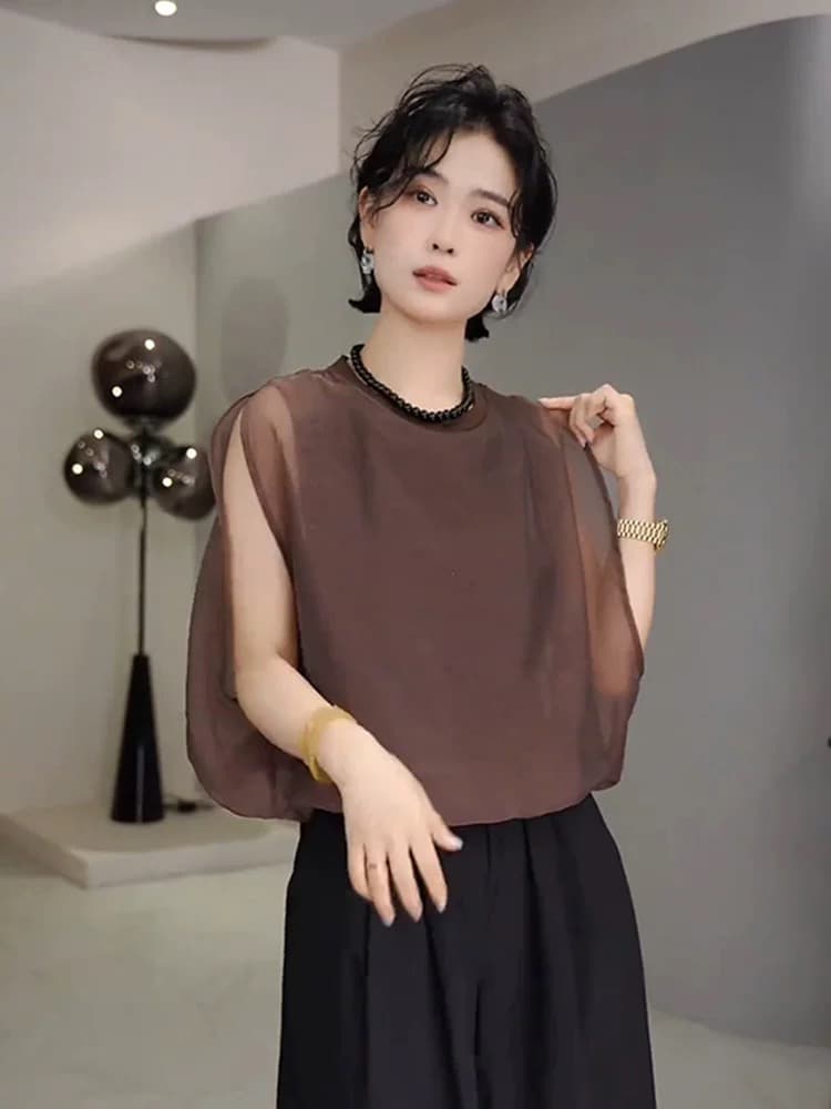 새로운 프랑스식 미니멀리즘 캐주얼 민소매 셔츠 맨위 여성 의류 여름 루즈핏 반팔 아름다운 아름다운 작은 대중 셔츠 상세 이미지 2
