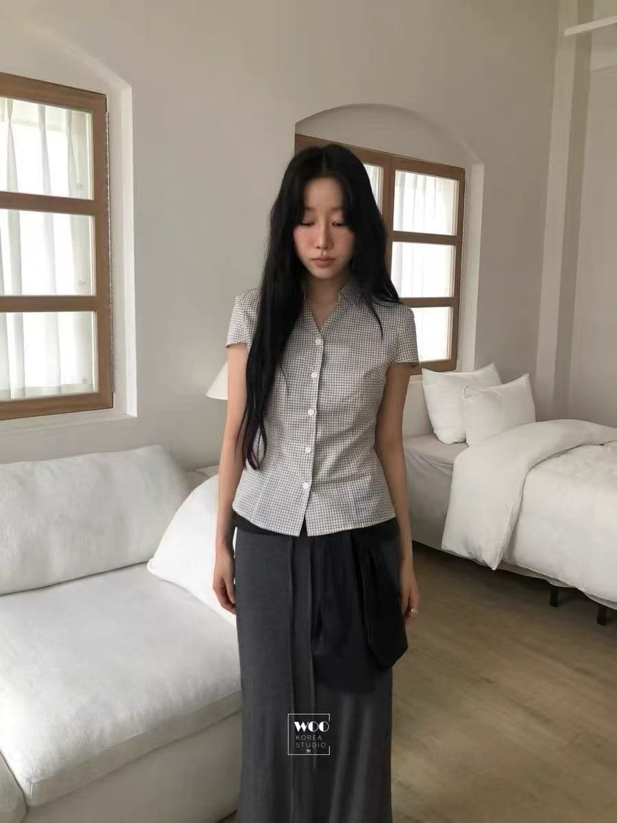 학원 스타일 체크무늬 주름 반팔 여성 셔츠 여름 슬림해 보이는 작은 키 한 부서 셔츠 맨위 상세 이미지 3