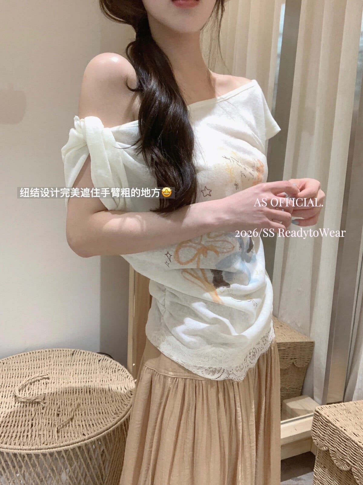 작은 대중 한 부서 프린트 비스듬한 어깨 반팔 티셔츠 여성 여름 디자인 센스 펌프 Pleat 허리 수축 슬림해 보이는 레이스 조각 맨위 상세 이미지 10