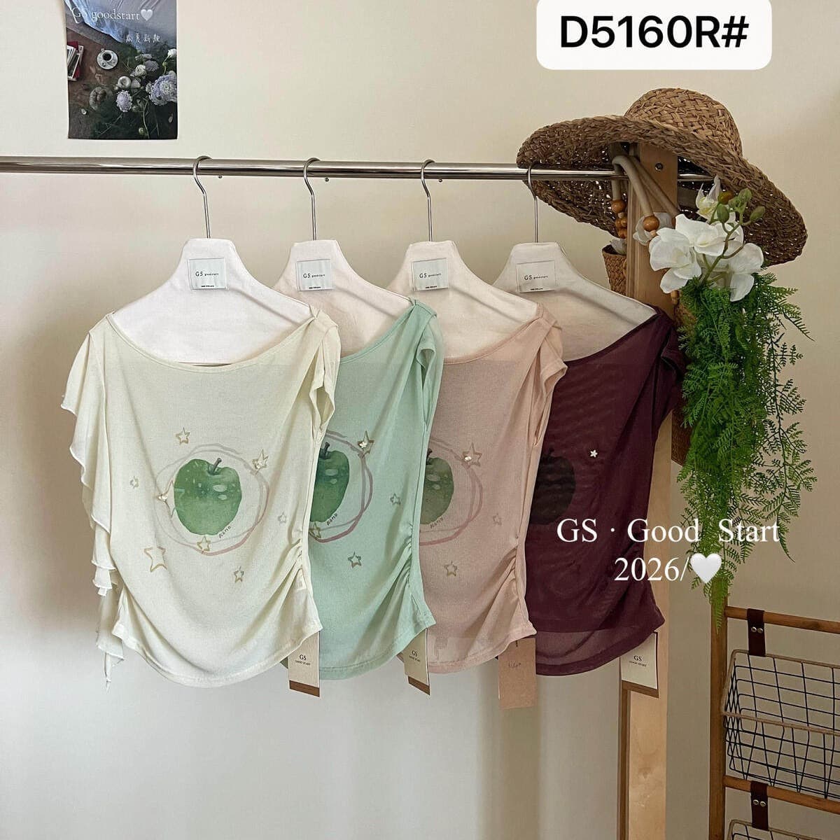 gs-good2026 새로운 녹색 사과 낙원 디자인 센스 프린트 오프숄더 캐주얼 반팔 티셔츠 블라우스 맨위 여름