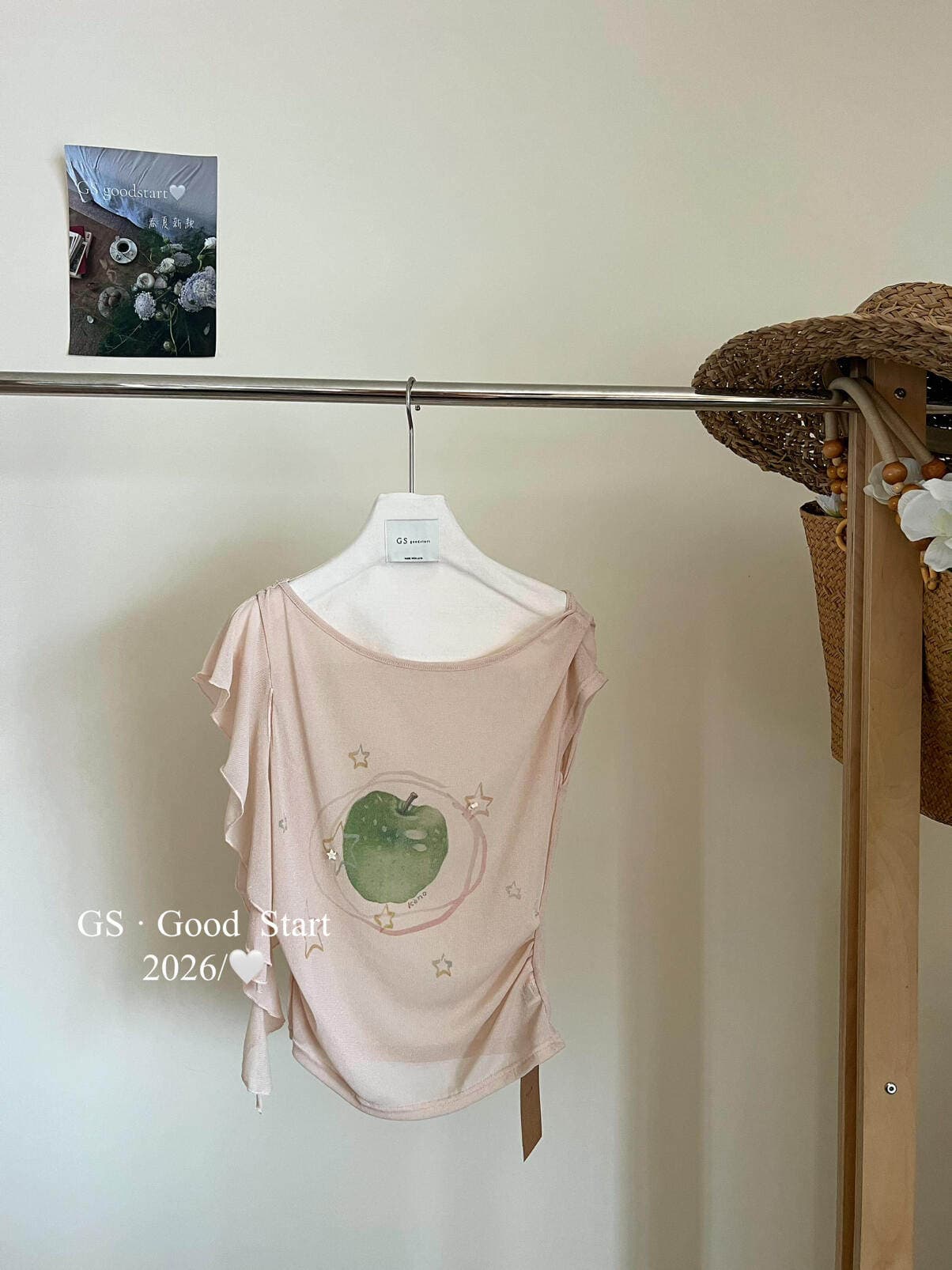 gs-good2026 새로운 녹색 사과 낙원 디자인 센스 프린트 오프숄더 캐주얼 반팔 티셔츠 블라우스 맨위 여름 상세 이미지 4